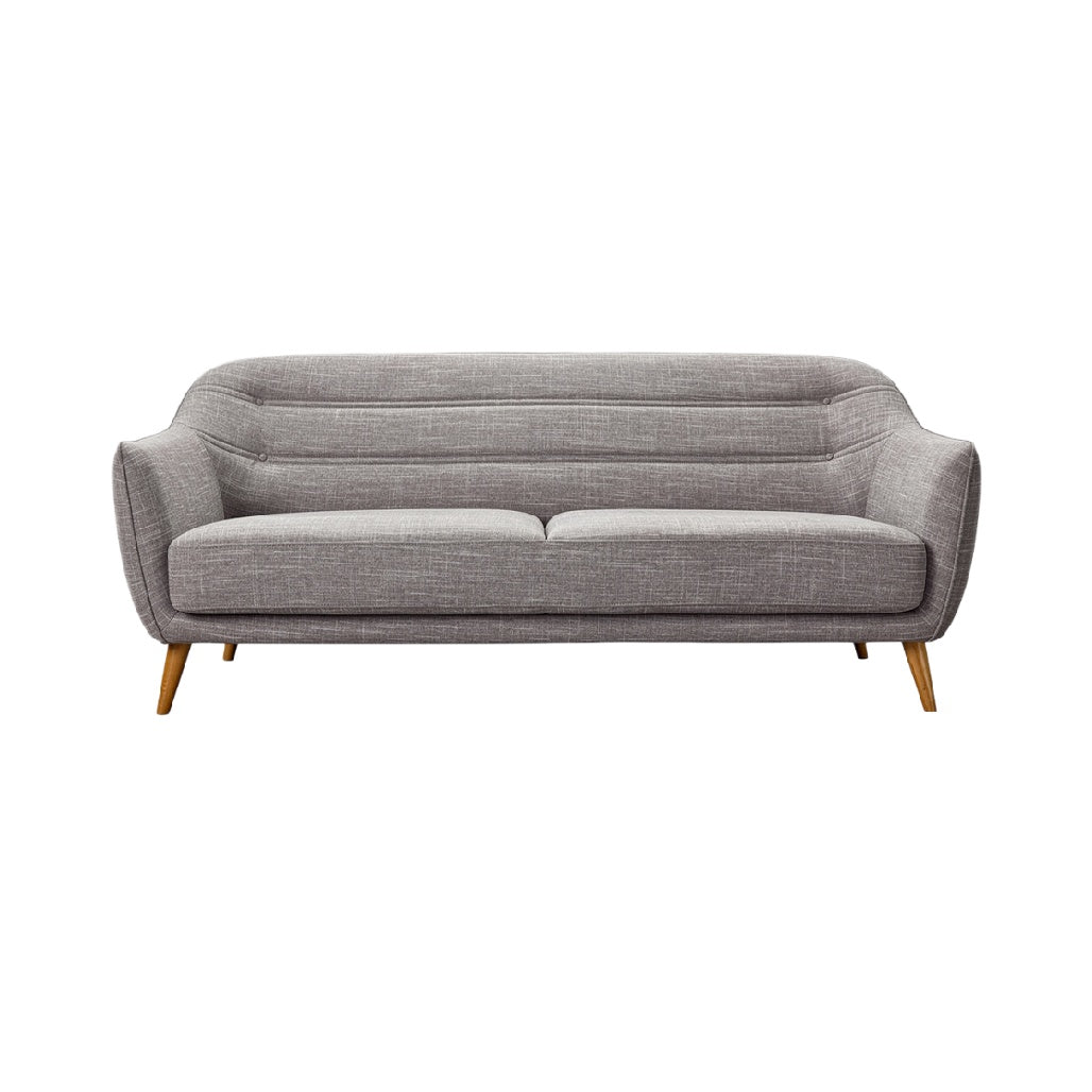 **Tytuł techniczny w języku polskim: Elegancka sofa z szarym materiałem i drewnianymi nóżkami**